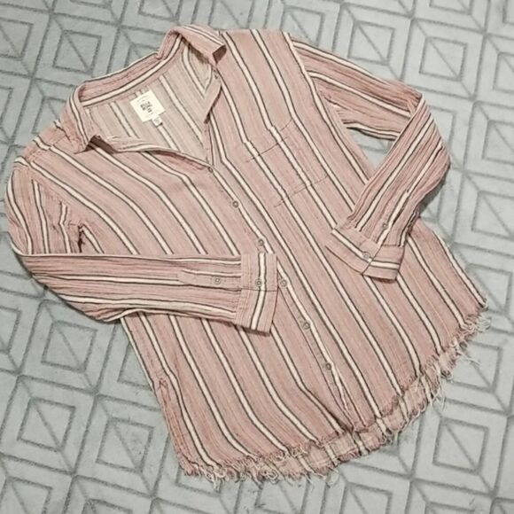 Billabong 100% Cotton Striped Distressed Frayed Loose Fit Classic Button Shirt - Picture 6 of 10